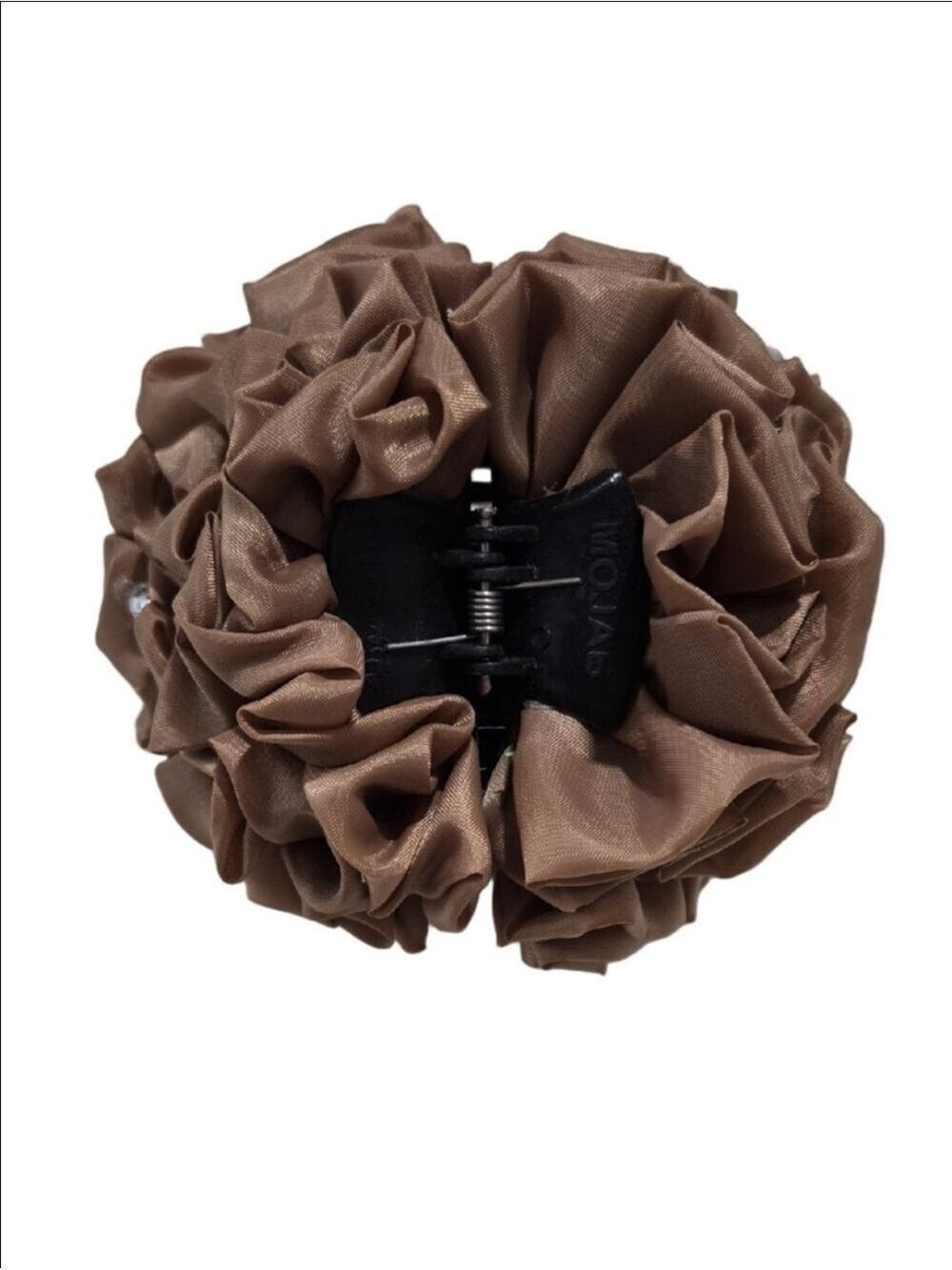 Neutral Tan Fabric Flower Hair Clip - Pom Detail